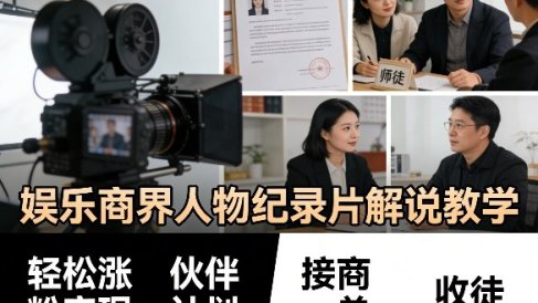 娱乐商界人物纪录片解说教学,轻松涨粉变现,伙伴计划,接商单,收徒等