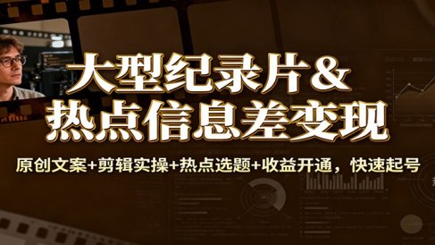 大型纪录片&热点信息差变现:原创文案+剪辑实操+热点选题+收益开通,快速起号