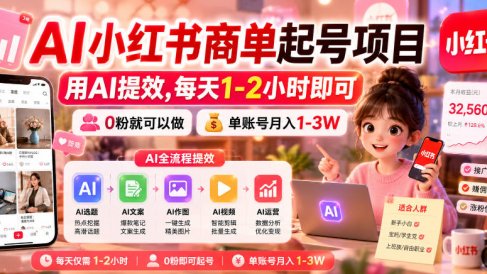 AI小红书商单起号项目,用AI提效,每天1-2小时即可,0粉就可以做,单账号月入1-3W