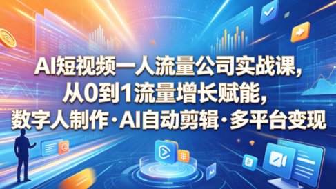 AI短视频一人流量公司实战课，从0到1流量增长赋能，数字人制作・AI自动剪辑・多平台变现，一人做流量生意全落地教程