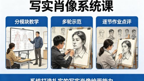 写实肖像系统课,全程分模块教学+多轮示范+逐节作业点评,系统打造扎实的写实肖像绘画能力