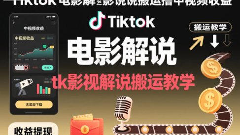 Tiktok电影解说搬运撸中视频收益,tk影视解说搬运教学