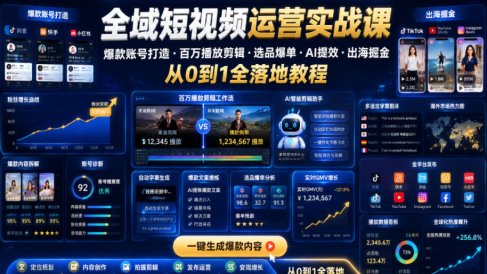 全域短视频运营实战课，爆款账号打造・百万播放剪辑・选品爆单・AI提效・出海掘金，从0到1全落地教程