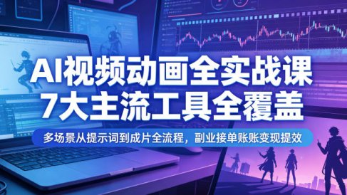 AI视频动画全实战课，7大主流工具全覆盖，多场景从提示词到成片全流程，副业接单账号变现提效