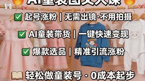AI童装图文剪辑，某社群童装图文大课，起号涨粉、AI童装带货、爆款选品，无需出镜和拍摄