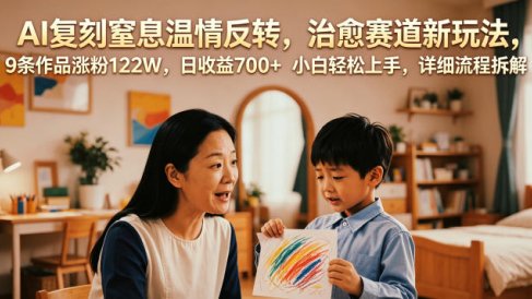 AI复刻窒息温情反转，治愈赛道新玩法，9条作品涨粉122W，日收益700+ 小白轻松上手，详细流程拆解