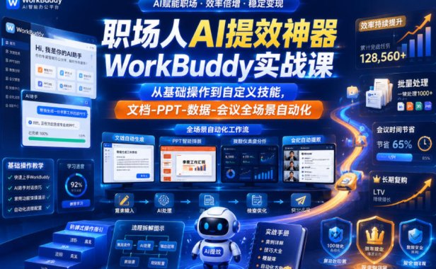 职场人AI提效神器WorkBuddy实战课,从基础操作到自定义技能,文档-PPT-数据-会议全场景自动化