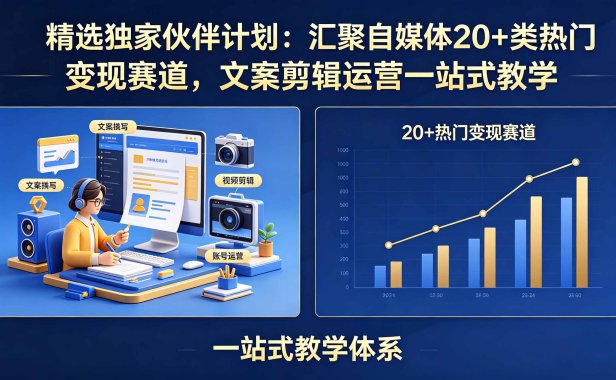 精选独家伙伴计划：汇聚自媒体20+类热门变现赛道，文案剪辑运营一站式教学