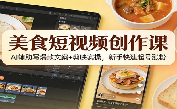 美食短视频创作课：AI辅助写爆款文案+剪映实操，新手快速起号涨粉