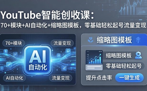 YouTube智能创收课:70+模块+AI自动化+缩略图模板,零基础轻松起号流量变现