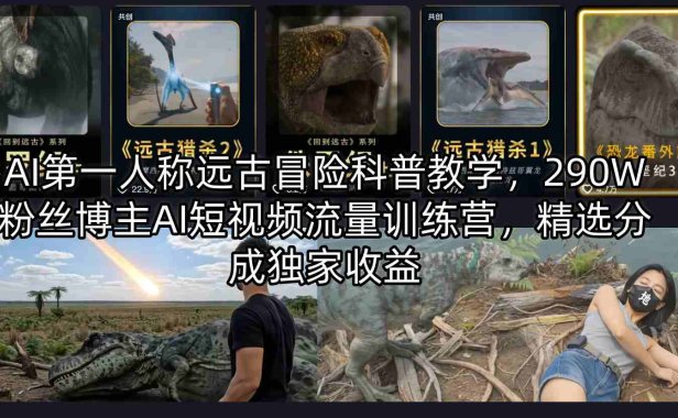 AI第一人称远古冒险科普教学，290W粉丝博主AI短视频流量训练营，精选分成独家收益