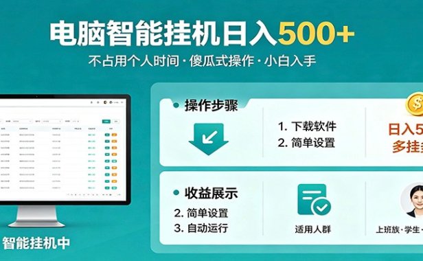 全自动电脑挂机，支持多挂多赚，上班族学生党都能做，小白也能日入500+副业