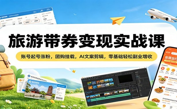 旅游带券变现实战课：账号起号涨粉，团购挂载，AI文案剪辑，零基础轻松副业增收