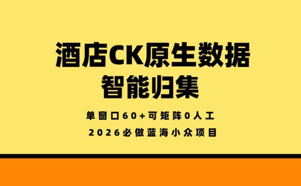 酒店CK原生数据智能归集，单窗口60+可矩阵0人工，2026必做蓝海小众项目【揭秘】