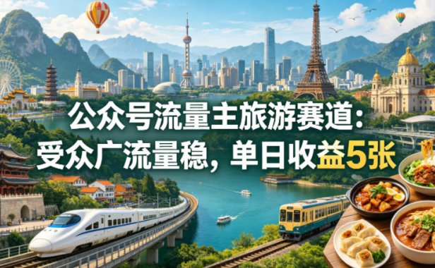 公众号流量主之旅游赛道，受众广+流量稳，平均单日收益5张+