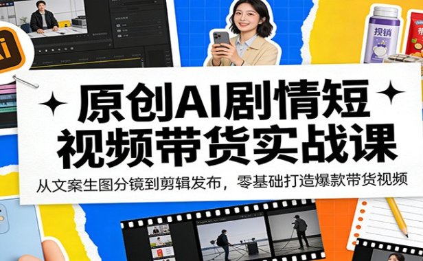 原创AI剧情短视频带货实战课：从文案生图分镜到剪辑发布，零基础打造爆款带货视频