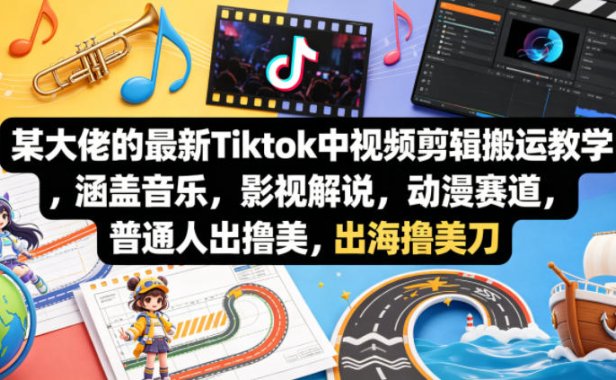 某大佬的最新Tiktok中视频剪辑搬运教学，涵盖音乐，影视解说，动漫赛道，普通人出海撸美刀