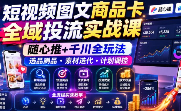 短视频图文商品卡全域投流实战课,随心推+千川全玩法,选品测品・素材迭代・计划调控,提升ROI爆单增收教程