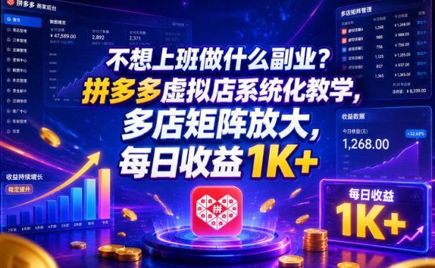 不想上班做什么副业?拼多多虚拟店系统化教学,多店矩阵放大,每日收益1K+【揭秘】