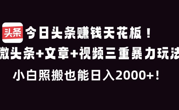 今日头条赚钱天花板!微头条+文章+视频三重暴利玩法,小白照搬也能日人2000+