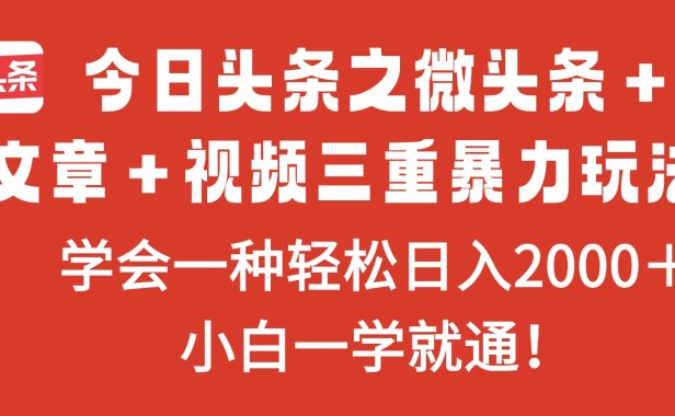 今日头条之微头条＋文章＋视频三重暴力玩法，学会一种轻松日入2000＋，…