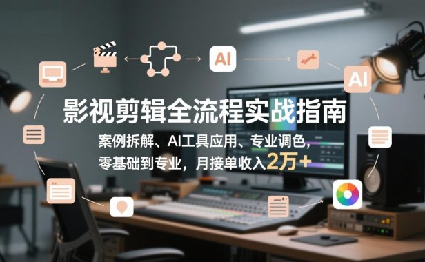 影视剪辑全流程实战指南，案例拆解、AI工具应用、专业调色，零基础到专业，月接单收入2万+