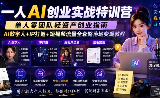 一人AI创业实战特训营，单人零团队轻资产创业指南，AI数字人+IP打造+短视频流量全套路落地变现教程