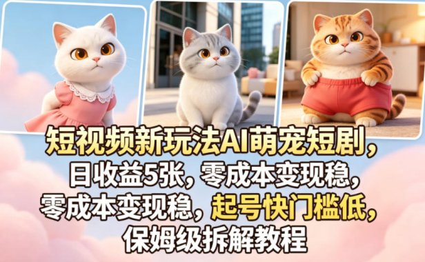 短视频新玩法AI萌宠短剧，日收益5张，零成本变现稳，起号快门槛低，保姆级拆解教程