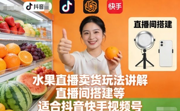 水果直播卖货玩法讲解、直播间搭建等，适合抖音快手视频号