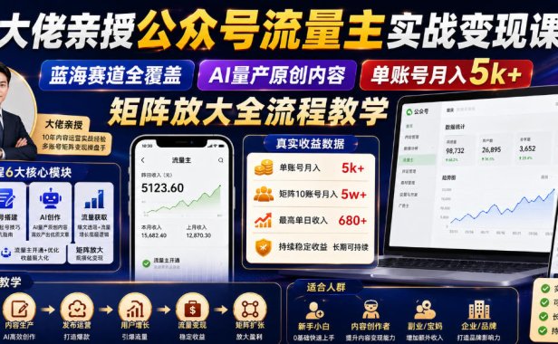 大佬亲授公众号流量主实战变现课，蓝海赛道全覆盖，AI量产原创内容，单账号月入5k+矩阵放大全流程教学