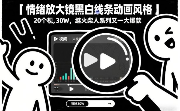 情绪放大镜黑白线条动画风格,20个视频,涨粉30W,继火柴人系列又一大爆款