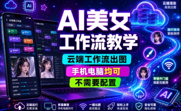 AI美女工作流教学,云端工作流出图,手机电脑均可,不需要配置,快速起号涨粉