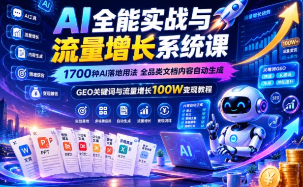 AI全能实战与流量增长系统课，1700种AI落地用法，全品类文档内容自动生成，GEO关键词与流量增长100W变现教程