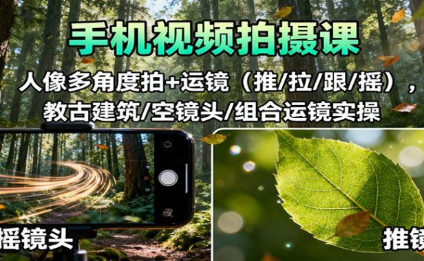 手机视频拍摄课:人像多角度拍+运镜(推/拉/跟/摇),古建筑/空镜头/组合运镜实操