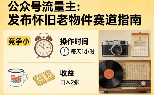 公众号流量主之发布怀旧老物件赛道，竞争小，每天操作1小时，日入2张