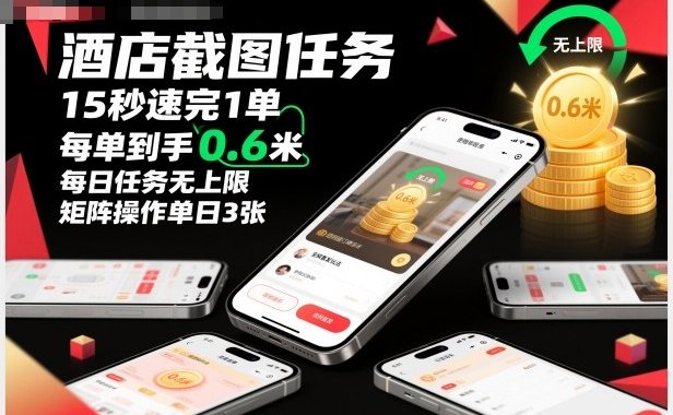 酒店截图任务，15秒速完1单，每单到手0.6米，每日任务无上限，全网首发玩法，矩阵操作单日3张【揭秘】