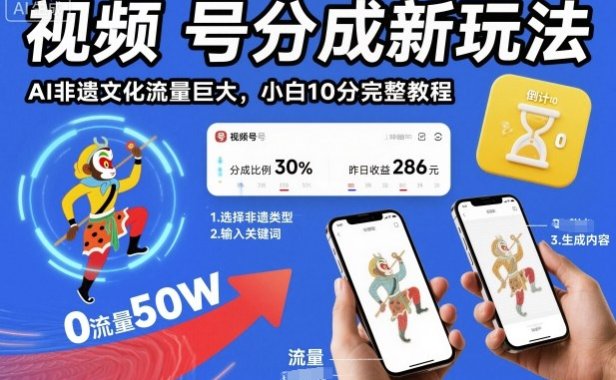 视频号分成新玩法,AI非遗文化流量巨大,小白10分钟搞定,完整教程