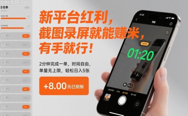 新平台红利，截图录屏就能賺米，有手就行！2分钟完成一单，时间自由，单量无上限，轻松日入5张【揭秘】