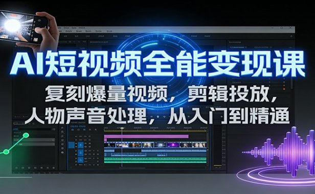 AI短视频全能变现课：复刻爆量视频，剪辑投放，人物声音处理，从入门到精通