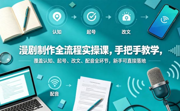漫剧制作全流程实操课，手把手教学，覆盖认知、起号、改文、配音全环节，新手可直接落地