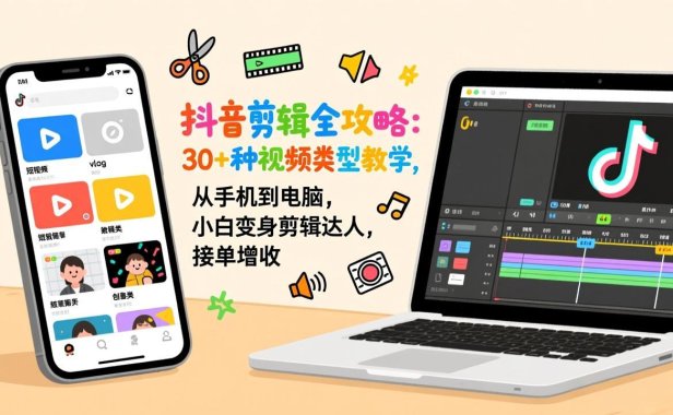 抖音剪辑全攻略：30+种视频类型教学，从手机到电脑，小白变身剪辑达人，接单增收