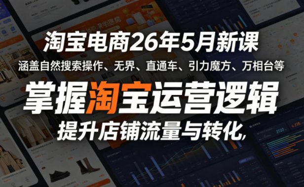 淘宝电商26年5月新课,涵盖自然搜索操作、无界、直通车、引力魔方、万相台等,掌握淘宝运营逻辑,提升店铺流量与转化
