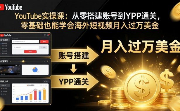 YouTube实操课:从零搭建账号到YPP通关,零基础也能学会海外短视频月入过万美金