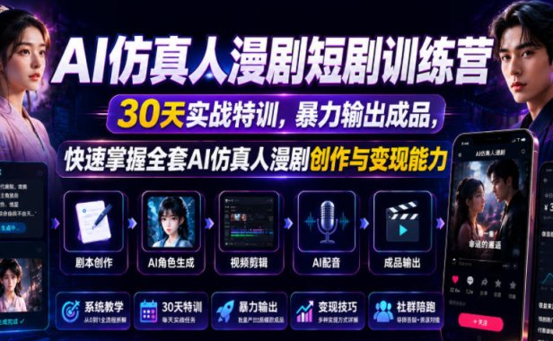 AI仿真人漫剧短剧训练营，30天实战特训，暴力输出成品，快速掌握全套AI仿真人漫剧创作与变现能力