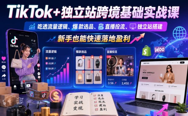 TikTok+独立站跨境基础实战课，吃透流量逻辑、爆款选品、直播投流与独立站搭建，新手也能快速落地盈利