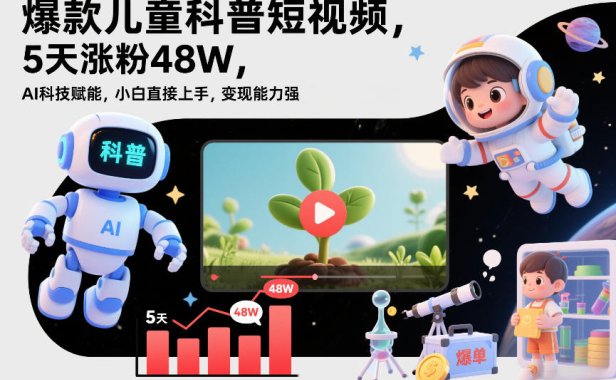 爆款儿童科普短视频,5天涨粉48W,AI科技赋能,小白直接上手,变现能力强,橱窗带货爆单不停