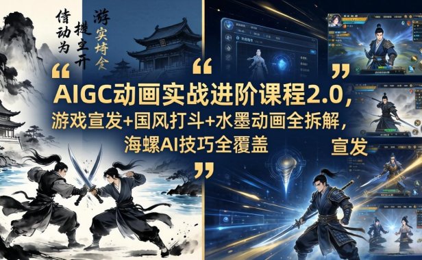 AIGC动画实战进阶课程2.0，游戏宣发+国风打斗+水墨动画全拆解，海螺AI技巧全覆盖