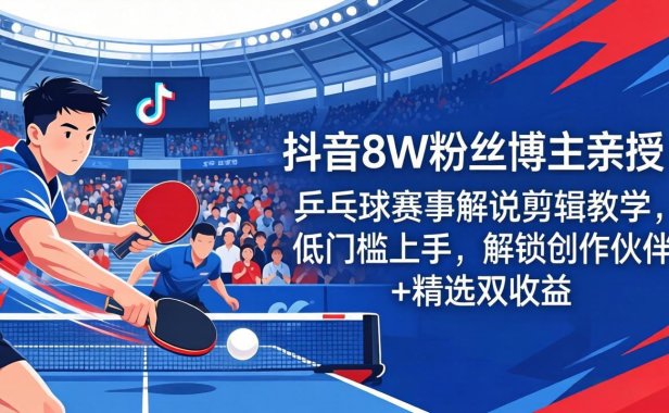 抖音8W粉丝博主亲授：乒乓球赛事解说剪辑教学，低门槛上手，解锁创作伙伴+精选双收益