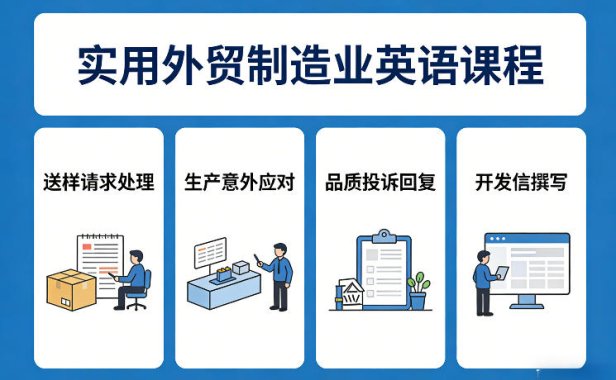 实用外贸制造业英语课程，教你专业处理送样请求、应对生产意外、回复品质投诉、撰写开发信等