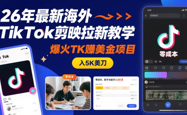 26年最新海外TikTok剪映拉新教学,爆火TK賺美金项目,零成本,新手也能月入5K美刀